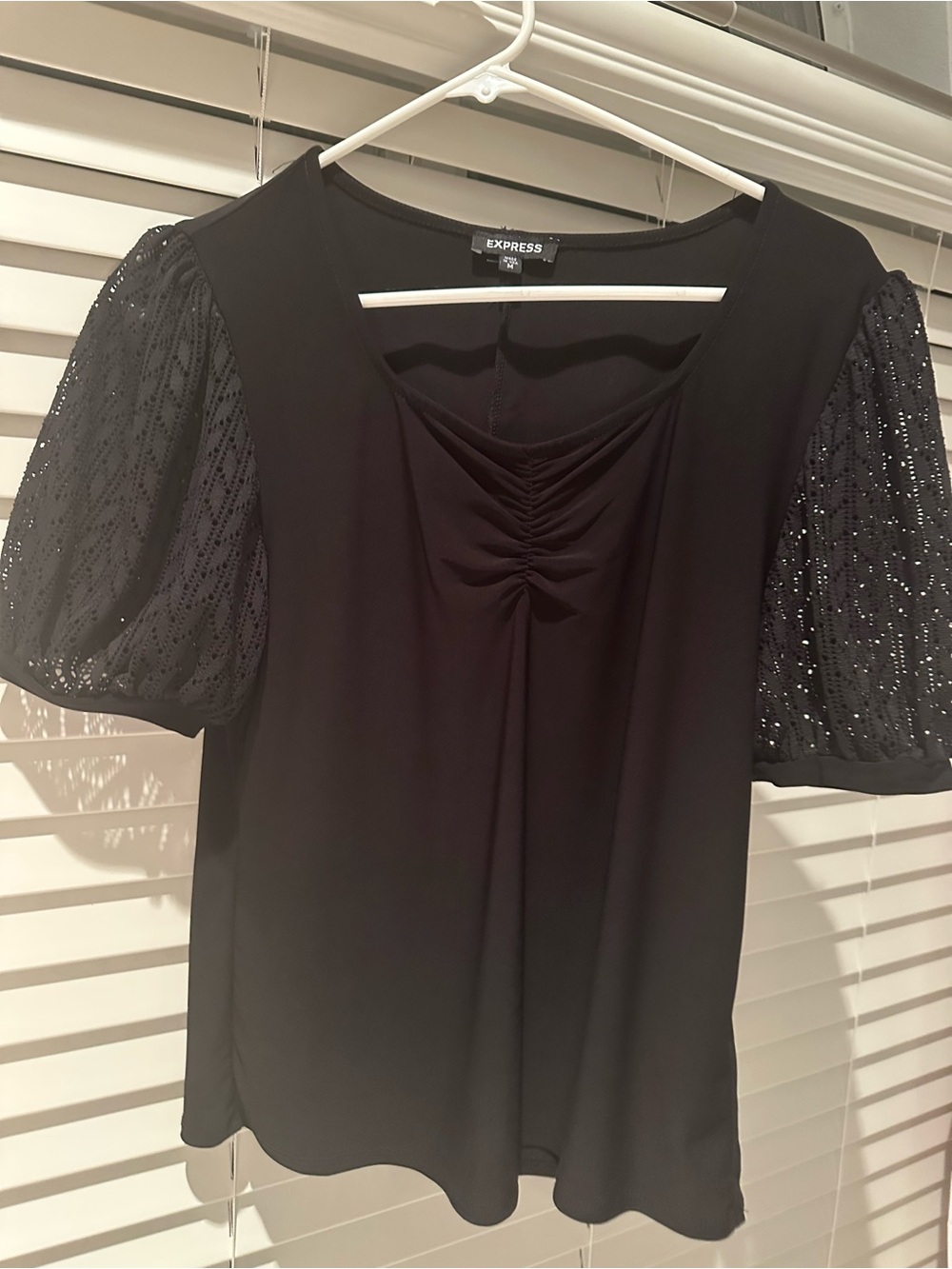 Express Black Puff Sleeve Scoop Neck Top with Ruched Front